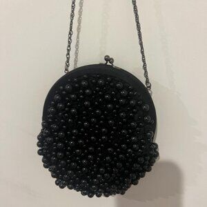 Black Hand-Beaded Vintage Purse w/ Silver Chain Linked Handle